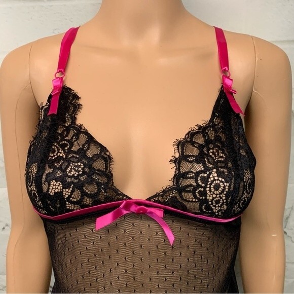 Victoria's Secret Lingerie Black Hot Pink Lace Vintage Small Stretch Mesh Sexy - Picture 2 of 5